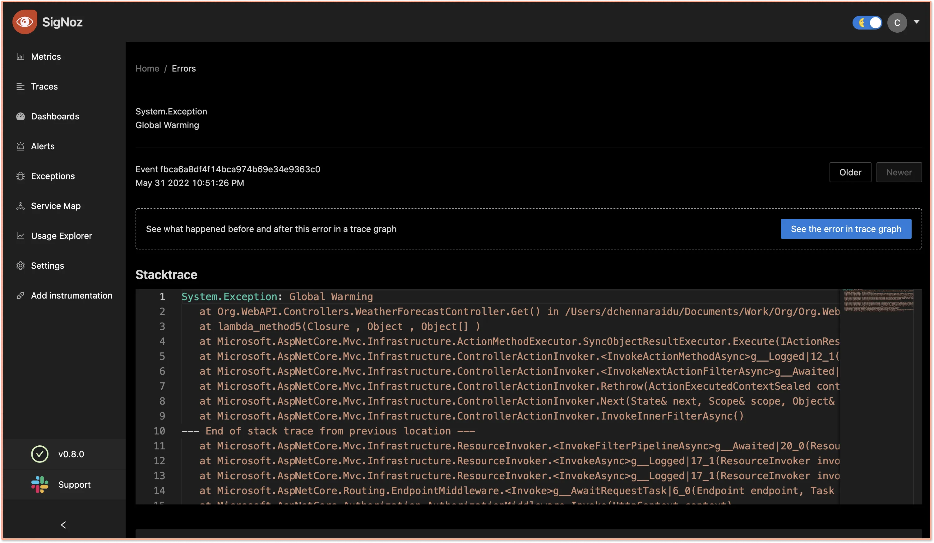 Exceptions Logging on SigNoz dashboard