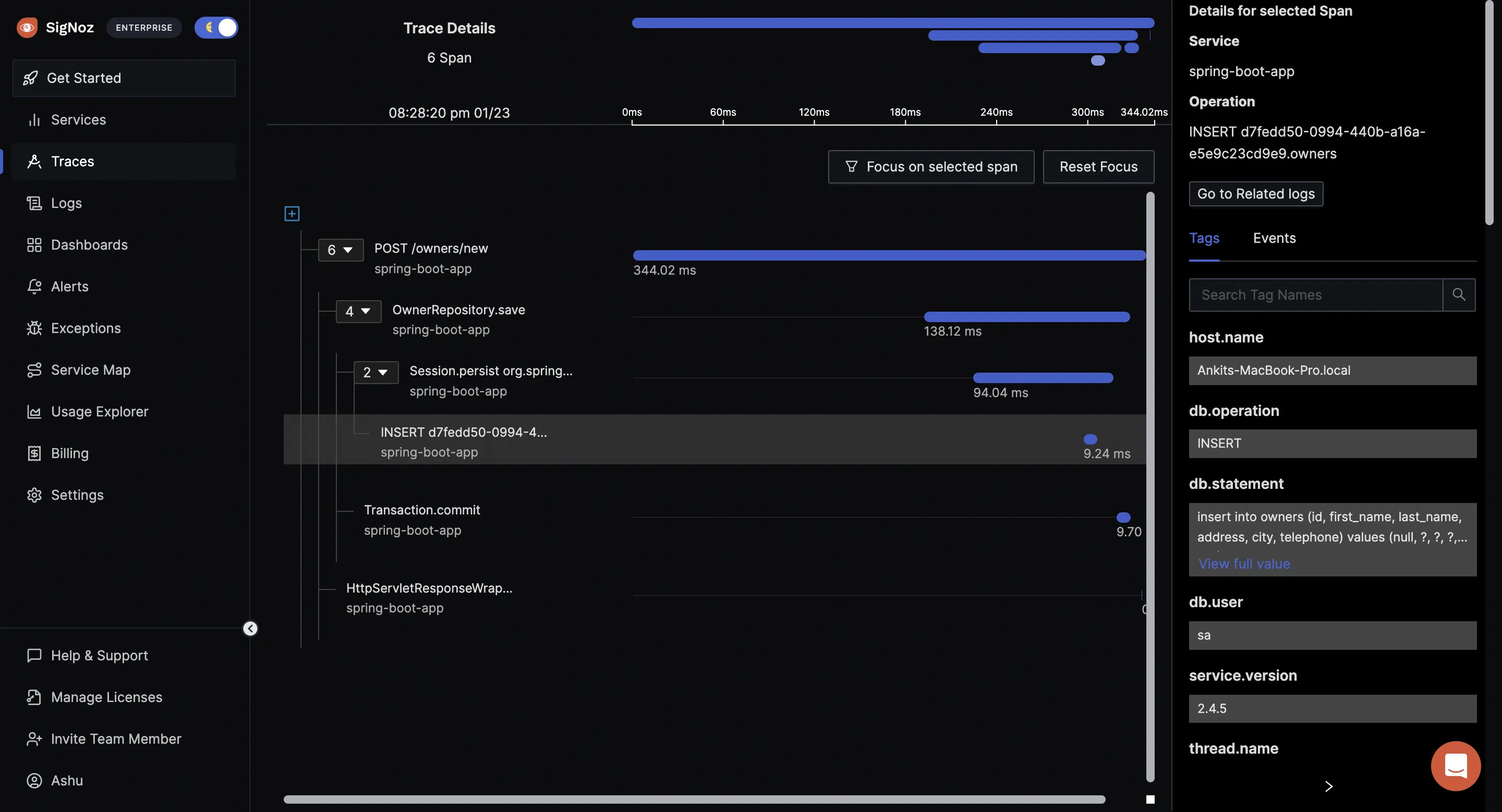 OpenTelemetry Spring Boot Monitoring with trace data visualized as flamegraphs