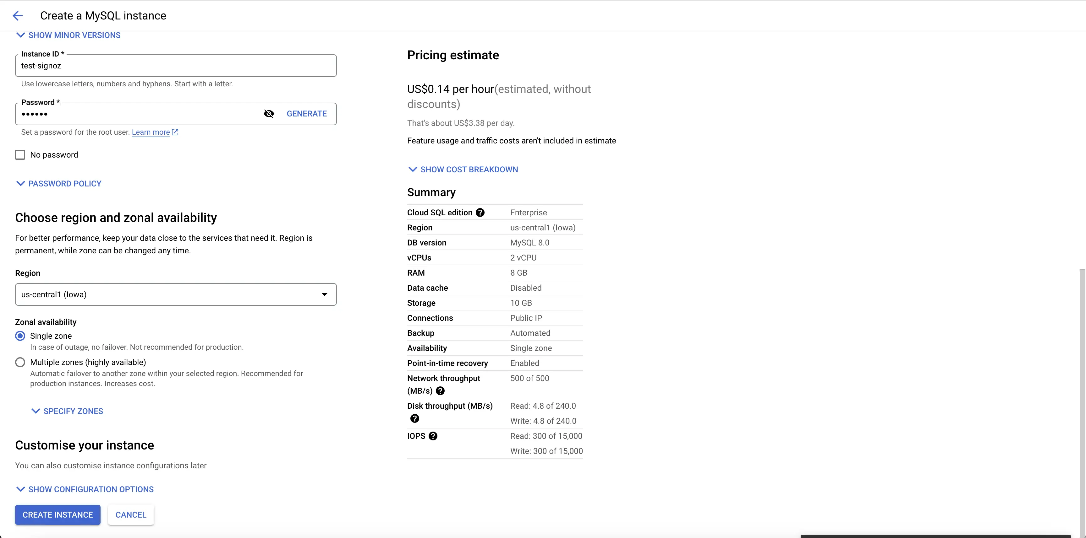 Create Cloud SQL Instance Continued..